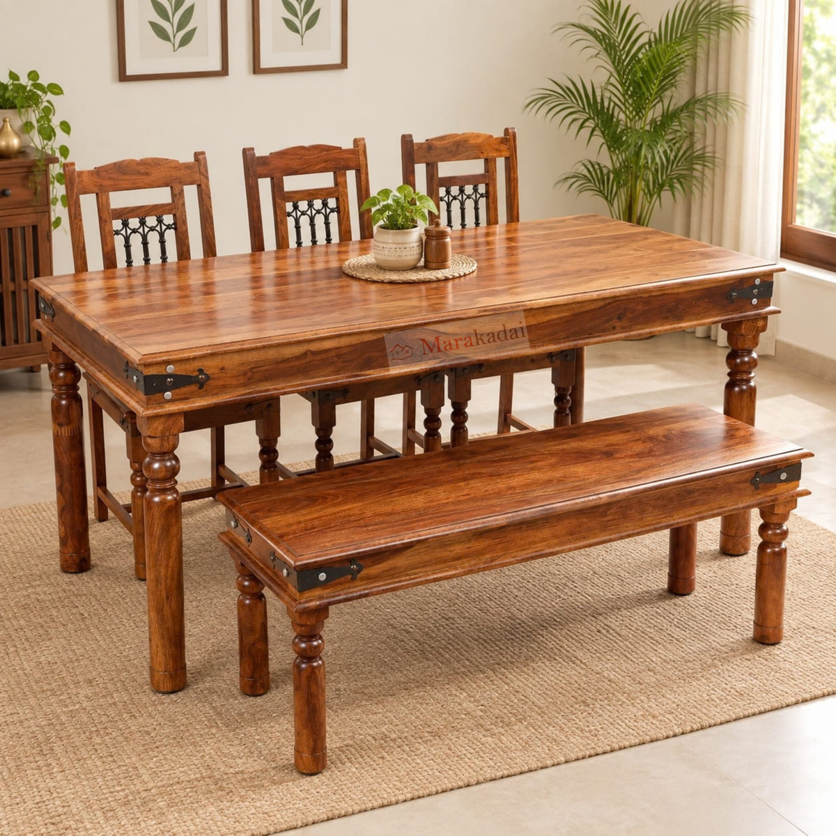 jali 6ft dining table set with bench 1+3+1