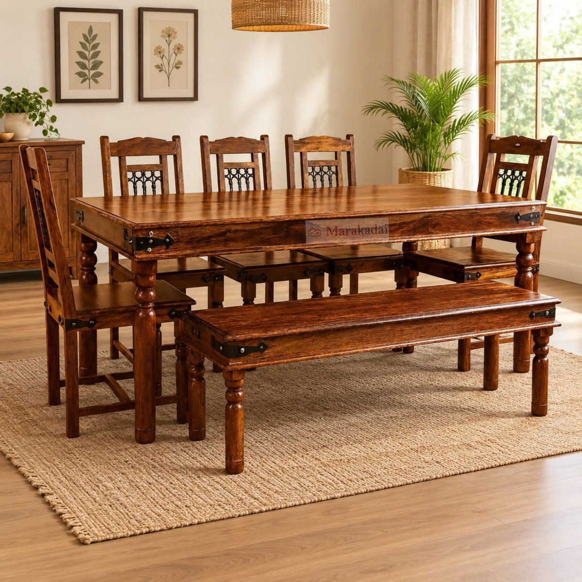 jali 5ft dining table set with bench 1+4+1