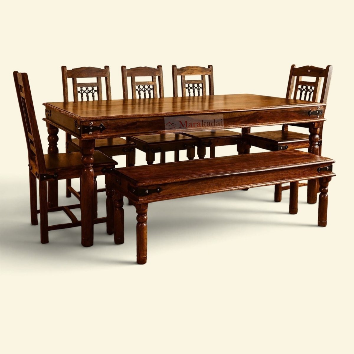 jali 5ft dining table set with bench 1+4+1